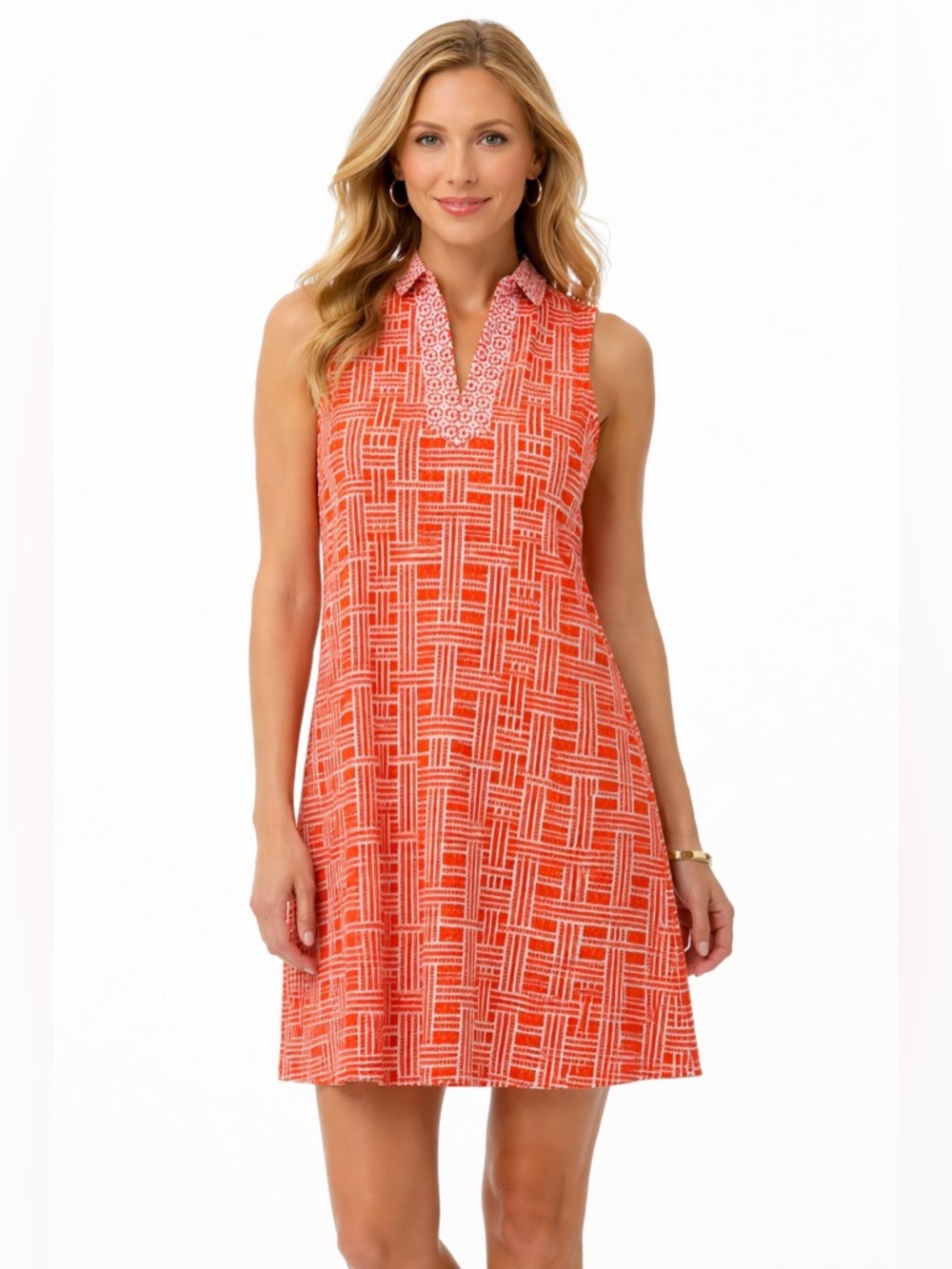J.McLaughlin Orange & White Printed Sleeveless Shift Dress Collared A-Line